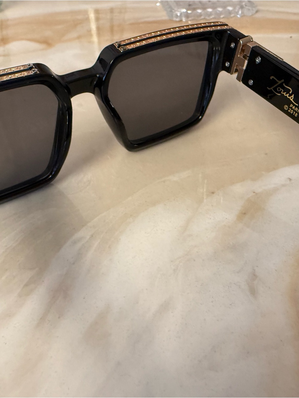 Louis Vuitton Black Rectangular Sunglasses with Gold Crystal Trim - Picture 2 of 9